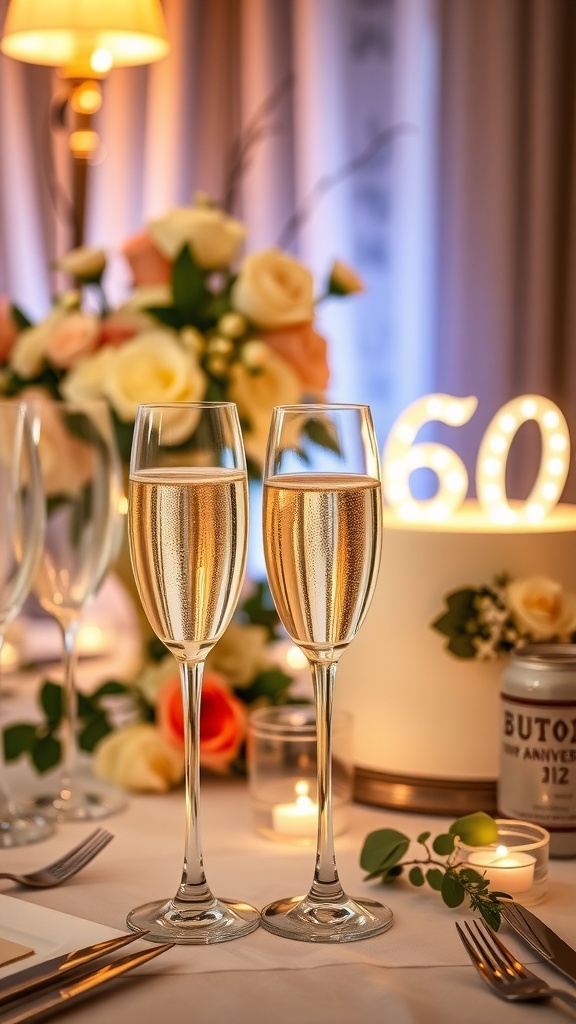 A festive table setting for a 60th anniversary celebration with champagne glasses and a decorated cake.